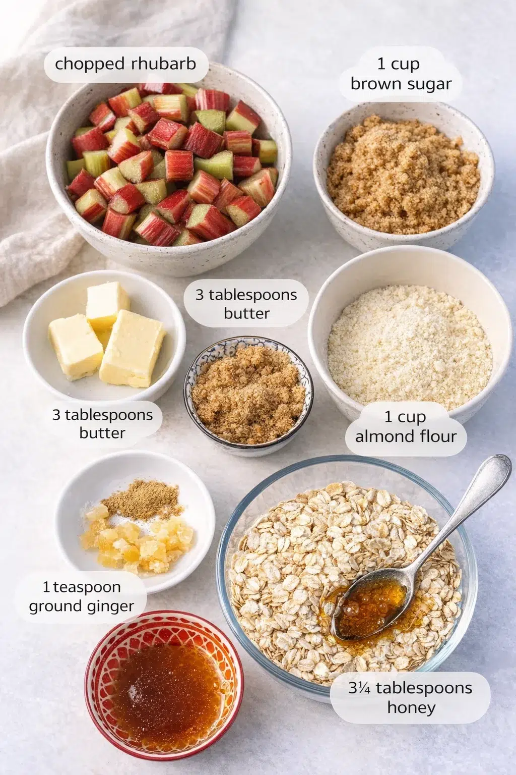 ingredients-placeholder.png Measured ingredients arranged for Easy Rhubarb Bars: 4 rhubarb stalks, leaves and tough parts removed, chopped into 1-cm pieces, 2 tablespoons brown sugar, 3 tablespoons butter, (about 1.5 ounces or 3 tbsp), ¼ cup brown