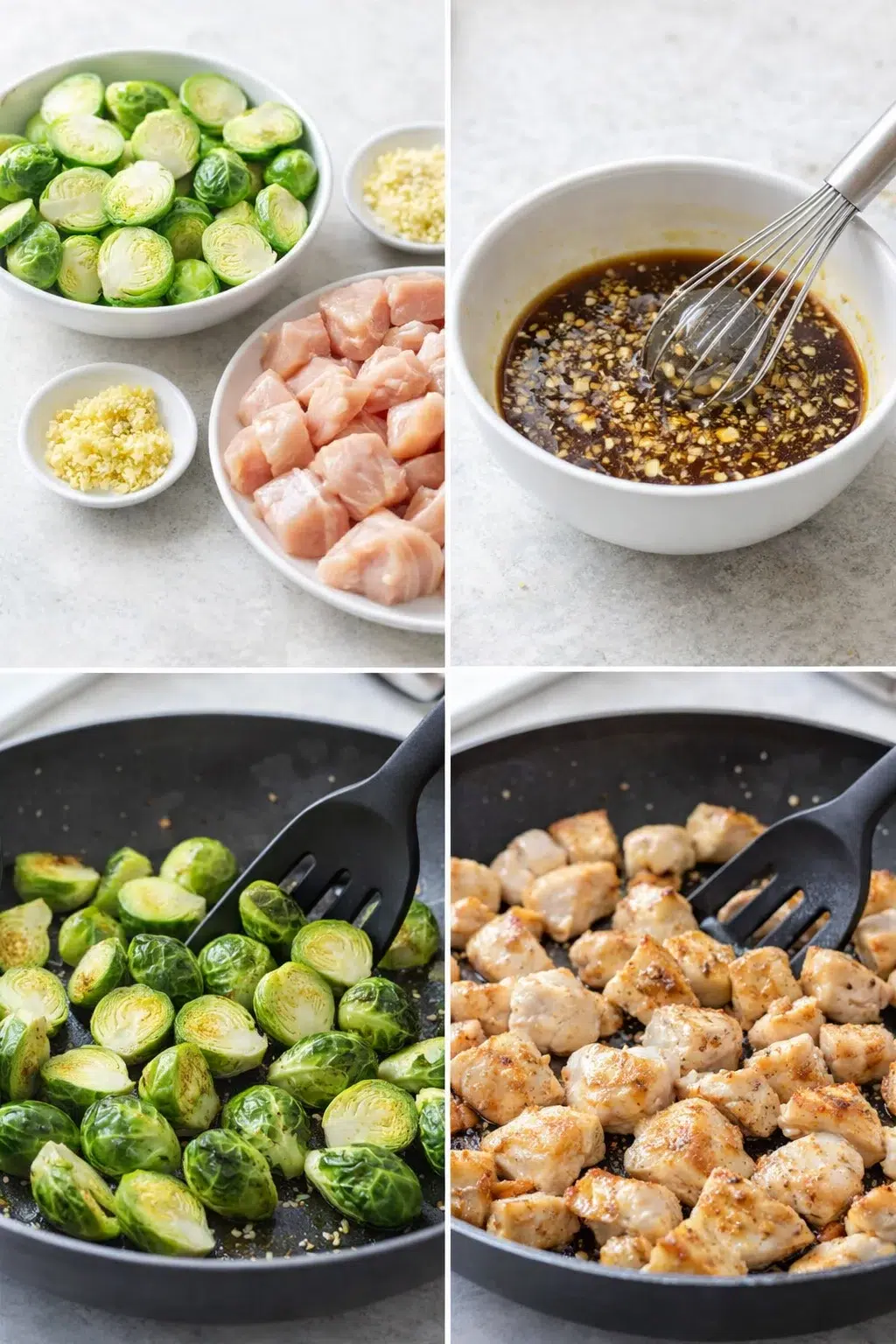 Prep ingredients and skillet cooking: halved Brussels sprouts, diced chicken, minced garlic/ginger, sauce whisked
