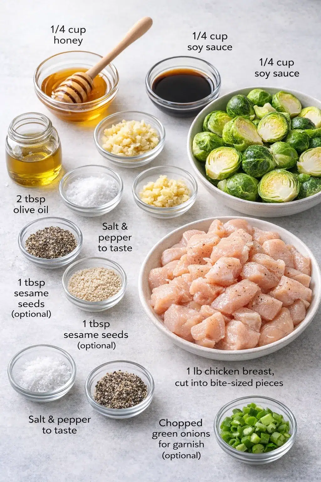 ingredients-placeholder.png Measured ingredients arranged for Honey-Garlic Chicken & Brussels Sprouts Skillet - Warmfeast: 1 pound chicken breast, cut into bite-sized pieces, 2 cups Brussels sprouts, halved, 1/4 cup honey, 1/4 cup soy sauce (low so