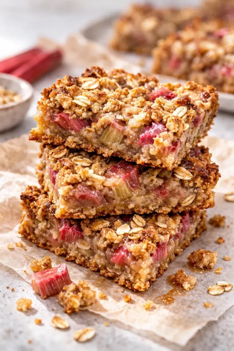 Final plated Easy Rhubarb Bars served as a hero shot