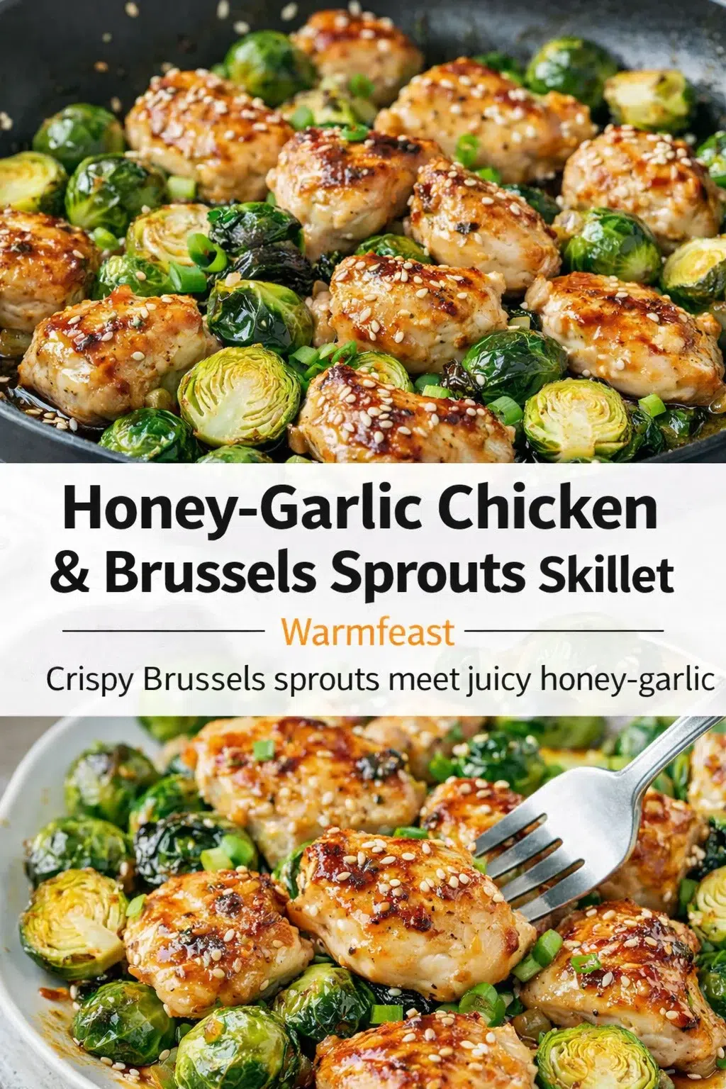 pre_faq_pinterest-placeholder.png Pinterest-style image for Honey-Garlic Chicken & Brussels Sprouts Skillet - Warmfeast with centered text overlay