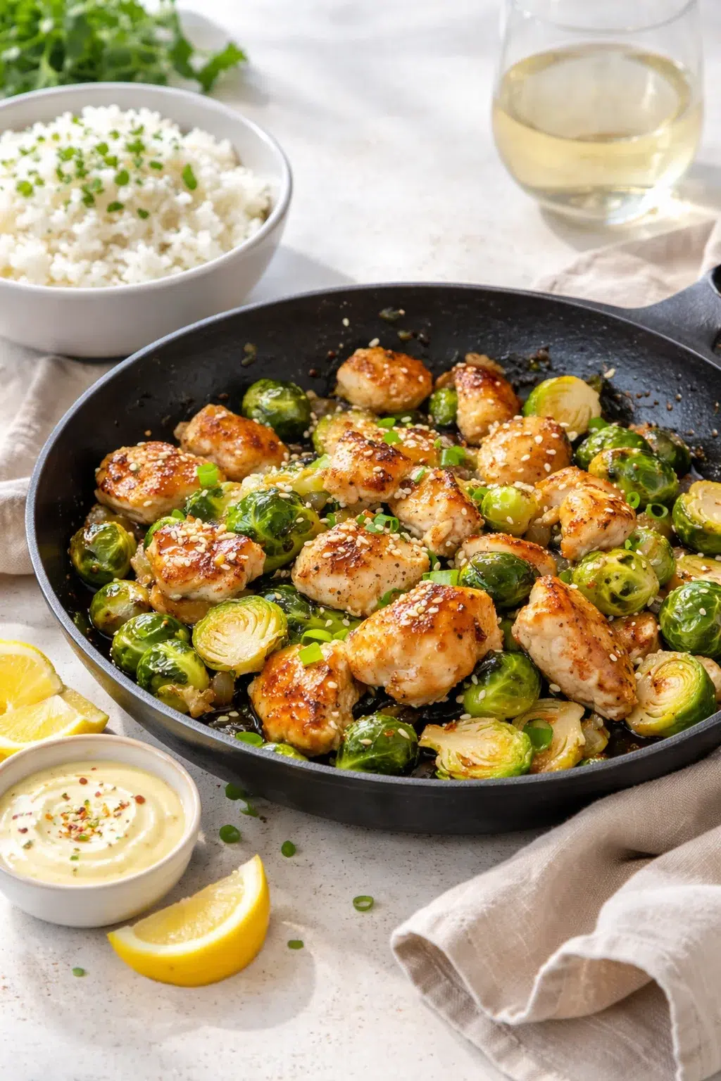 closing_final_dish-placeholder.png Alternative angle of Honey-Garlic Chicken & Brussels Sprouts Skillet - Warmfeast served with a pairing