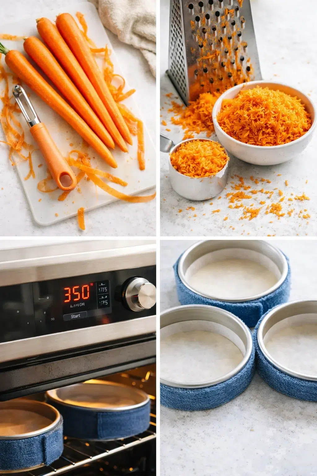step-process-placeholder-1-4.png Hands grating peeled carrots beside two bowls and lined cake pans wrapped with damp strips
