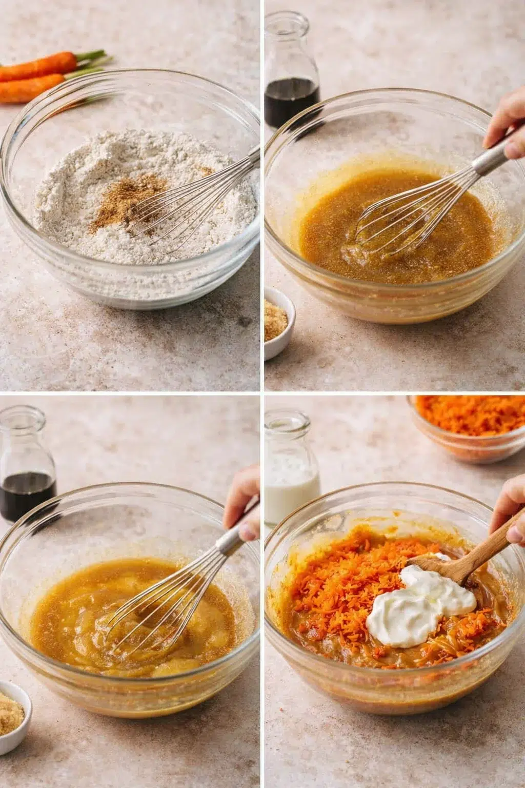 step-process-placeholder-5-8.png Large mixing bowl with beaten oil and sugars, eggs added, grated carrots and yogurt folded in