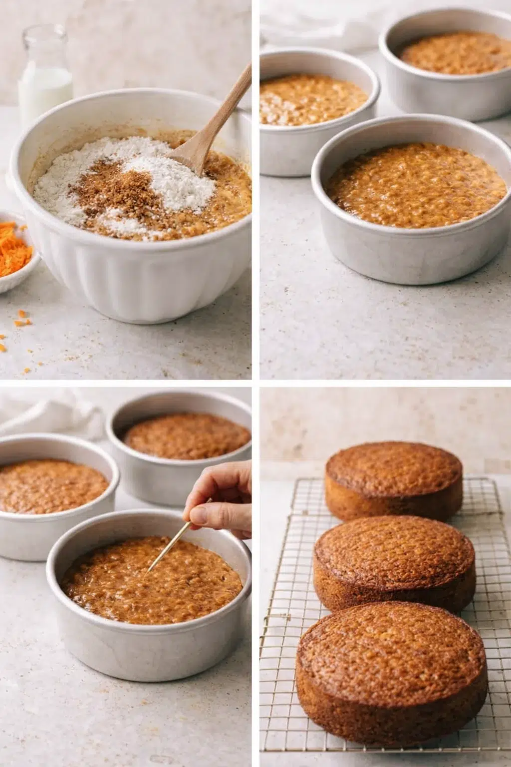 step-process-placeholder-9-12.png Evenly divided batter being spooned into parchment-lined pans, then cooling inverted on wire racks