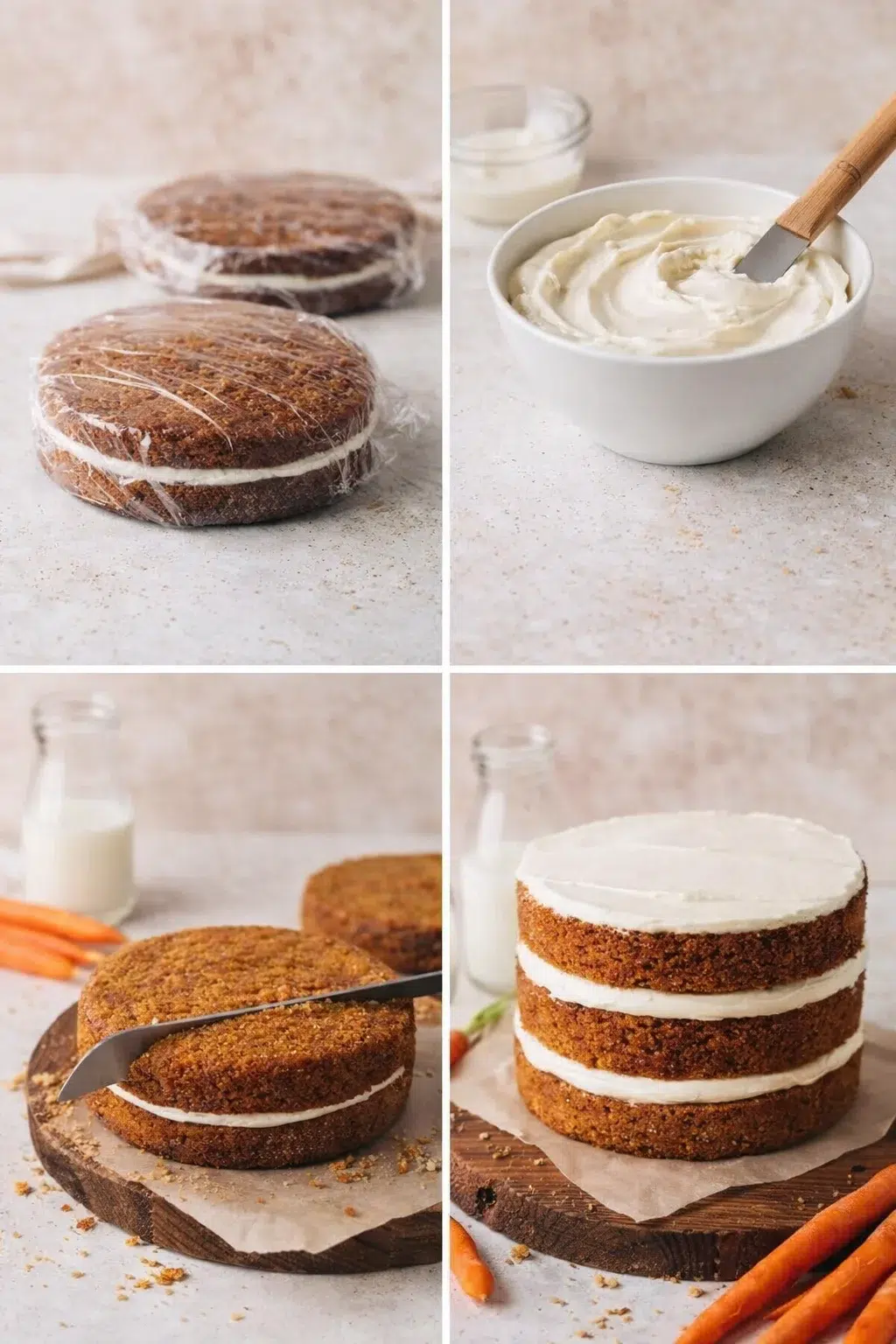 step-process-placeholder-13-16.png Cooled layers being leveled and stacked with dollops of cream cheese frosting between each layer