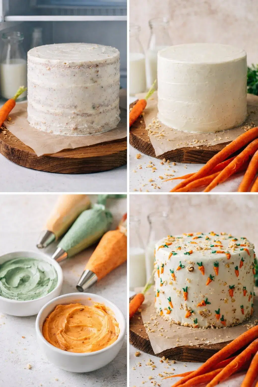 step-process-placeholder-17-20.png Baker smoothing outer frosting, while small bowls of orange and green frosting await piping carrots