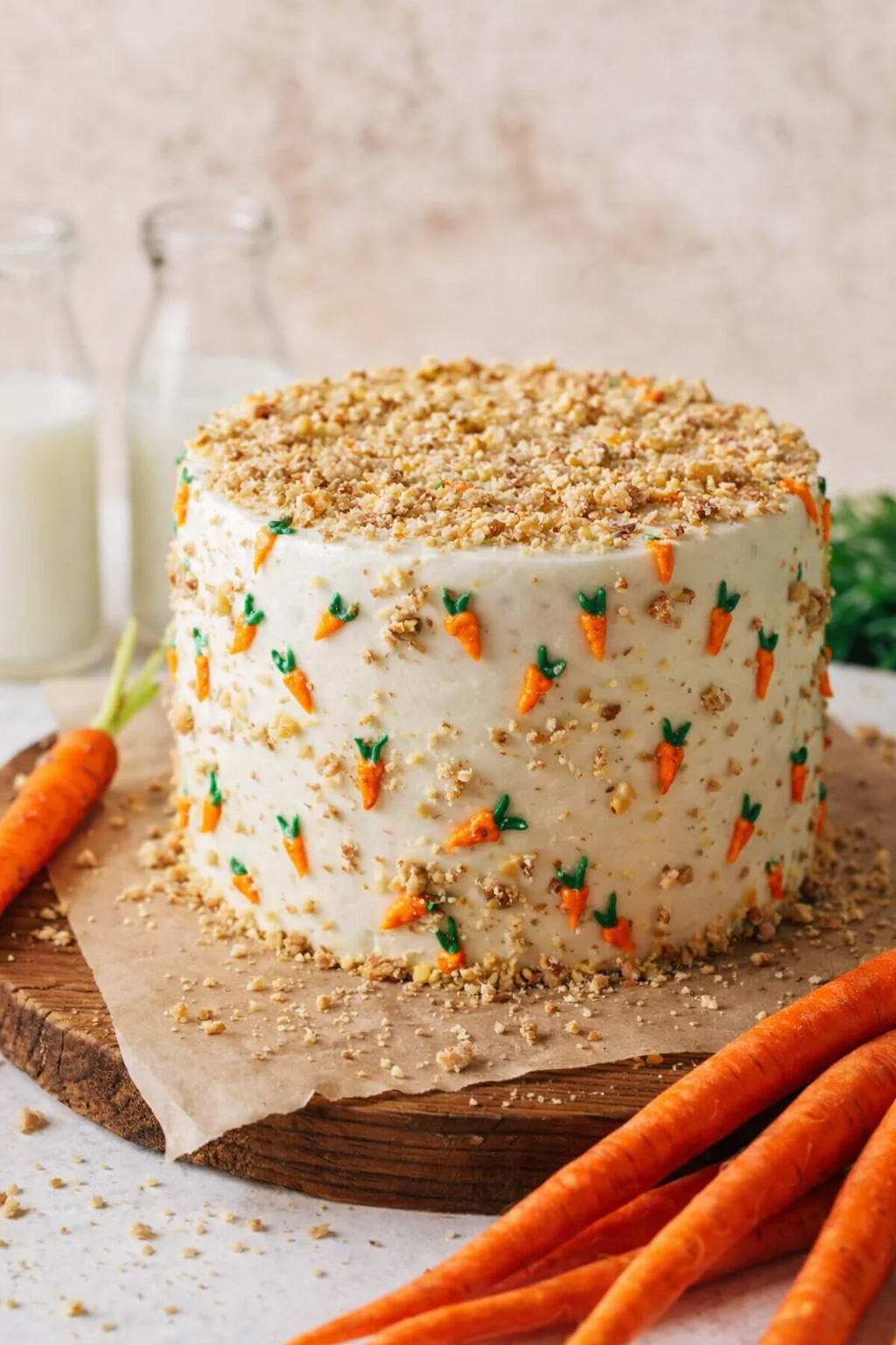 step-process-placeholder-21-22.png Hand sprinkling finely chopped walnuts over frosted cake, then cake chilling to set in refrigerator