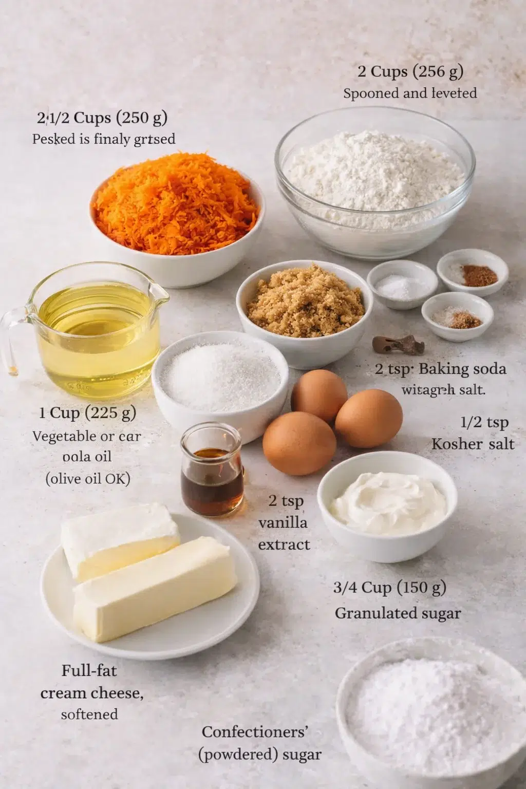 ingredients-placeholder.png Measured ingredients arranged for Carrot Cake With Cream Cheese Frosting: 2 1/2 cups (≈250 g) peeled and finely grated organic carrots (about 5–6 large carrots), 2 cups (256 g) all-purpose flour, spooned in and leveled,