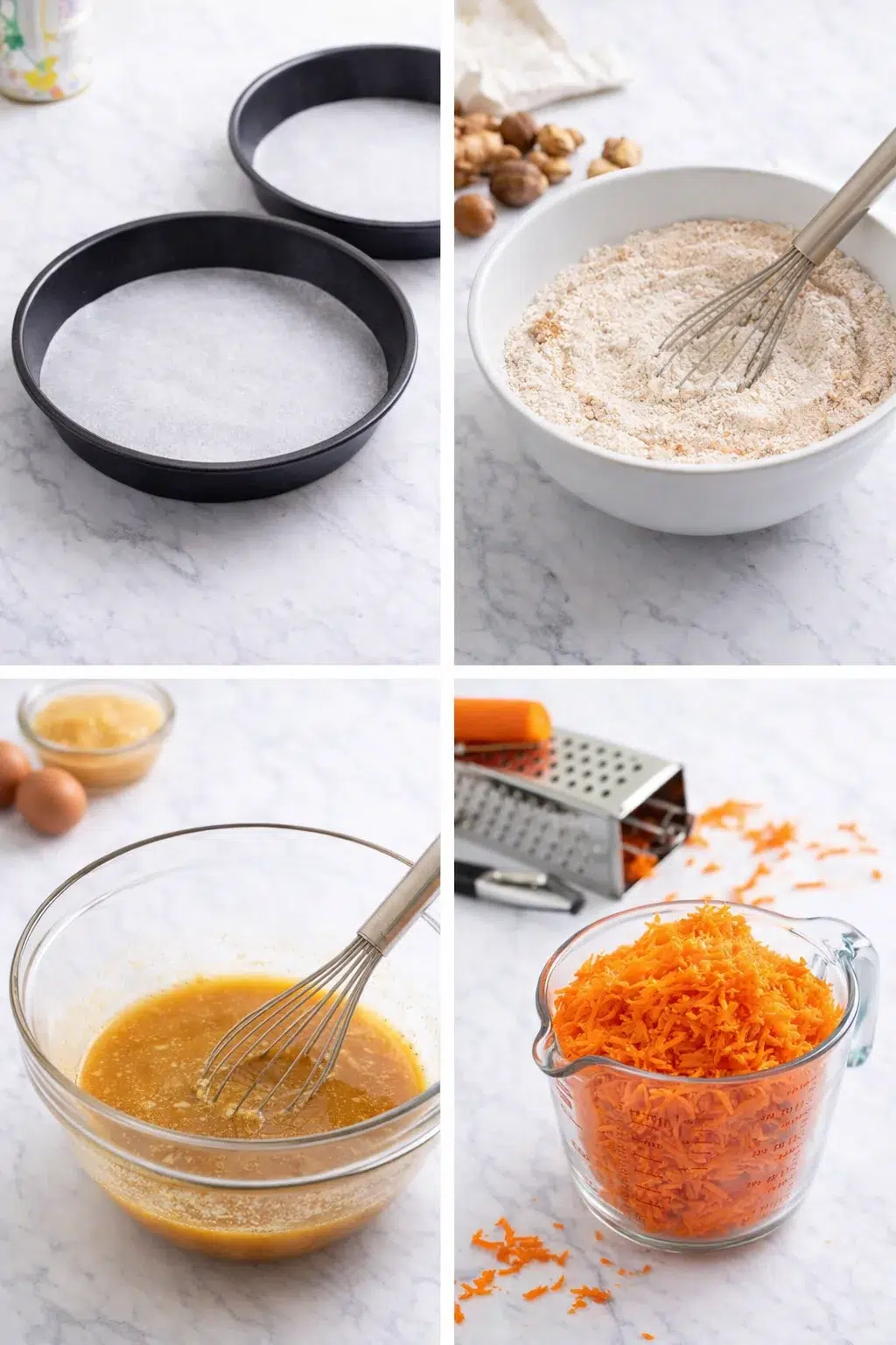 step-process-placeholder-1-4.png Two greased round pans lined with parchment, bowls showing whisked dry spices, wet batter, and grated carrots.