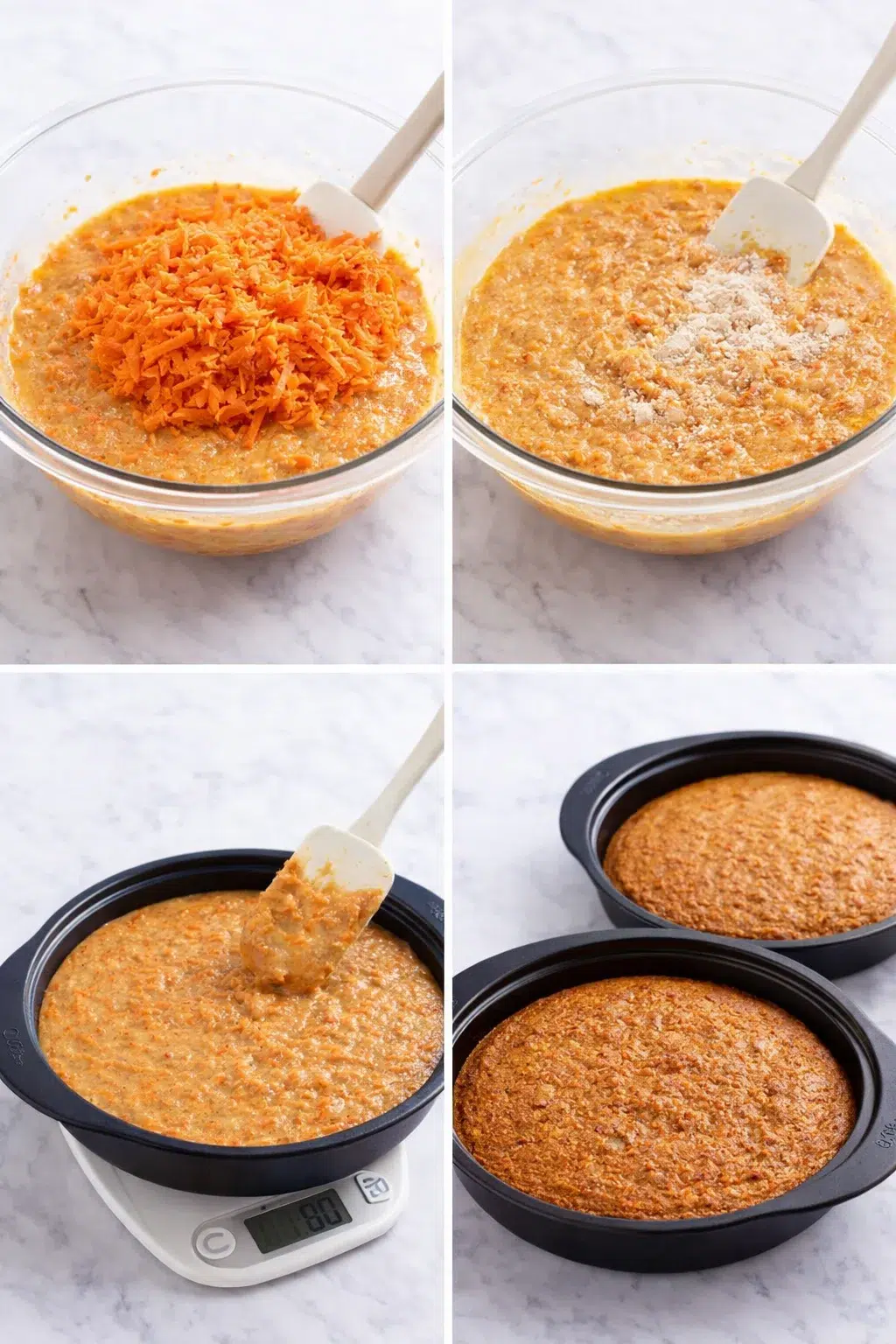 step-process-placeholder-5-8.png Spatula folding grated carrots into batter, then divided batter being spooned into two lined cake pans.