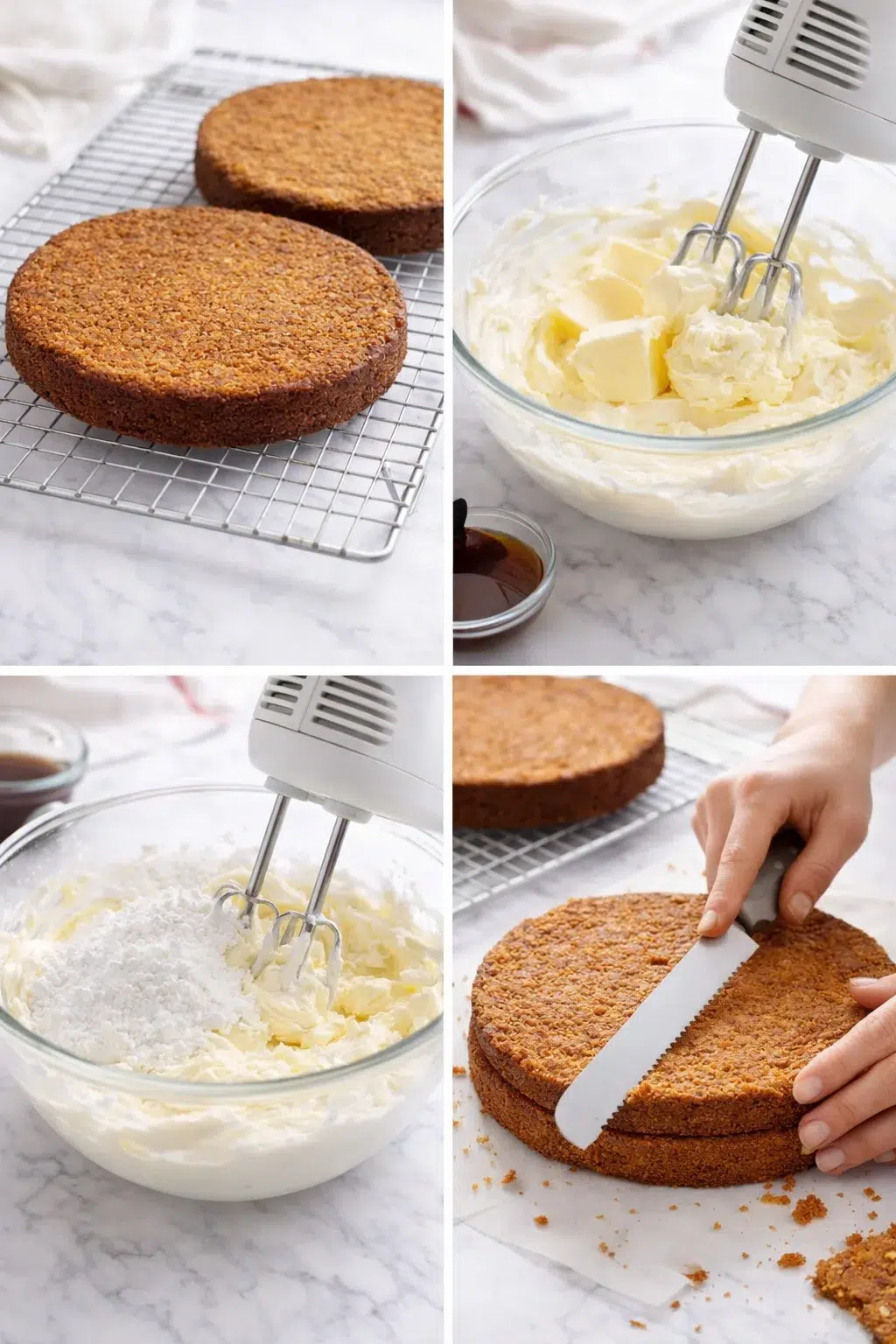 step-process-placeholder-9-12.png Two cake layers cooling on wire rack beside a bowl of smooth cream-cheese frosting being mixed and trimmed.
