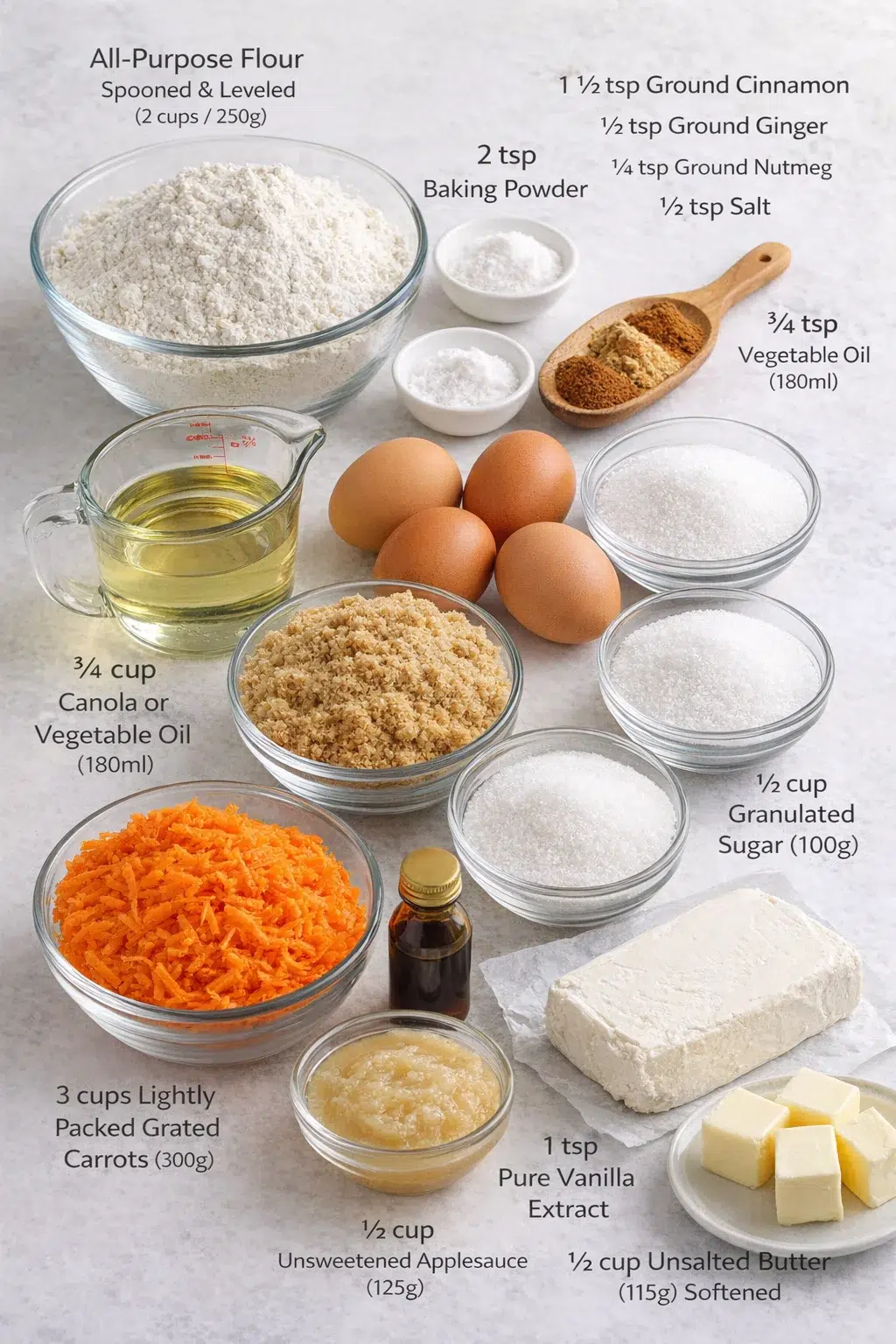 ingredients-placeholder.png Measured ingredients arranged for The BEST Carrot Cake Recipe: 2 cups all-purpose flour spooned & leveled (250 grams), 2 teaspoons baking powder, 1 teaspoon baking soda, 1 ½ teaspoons ground cinnamon, ½ teaspoon ground g