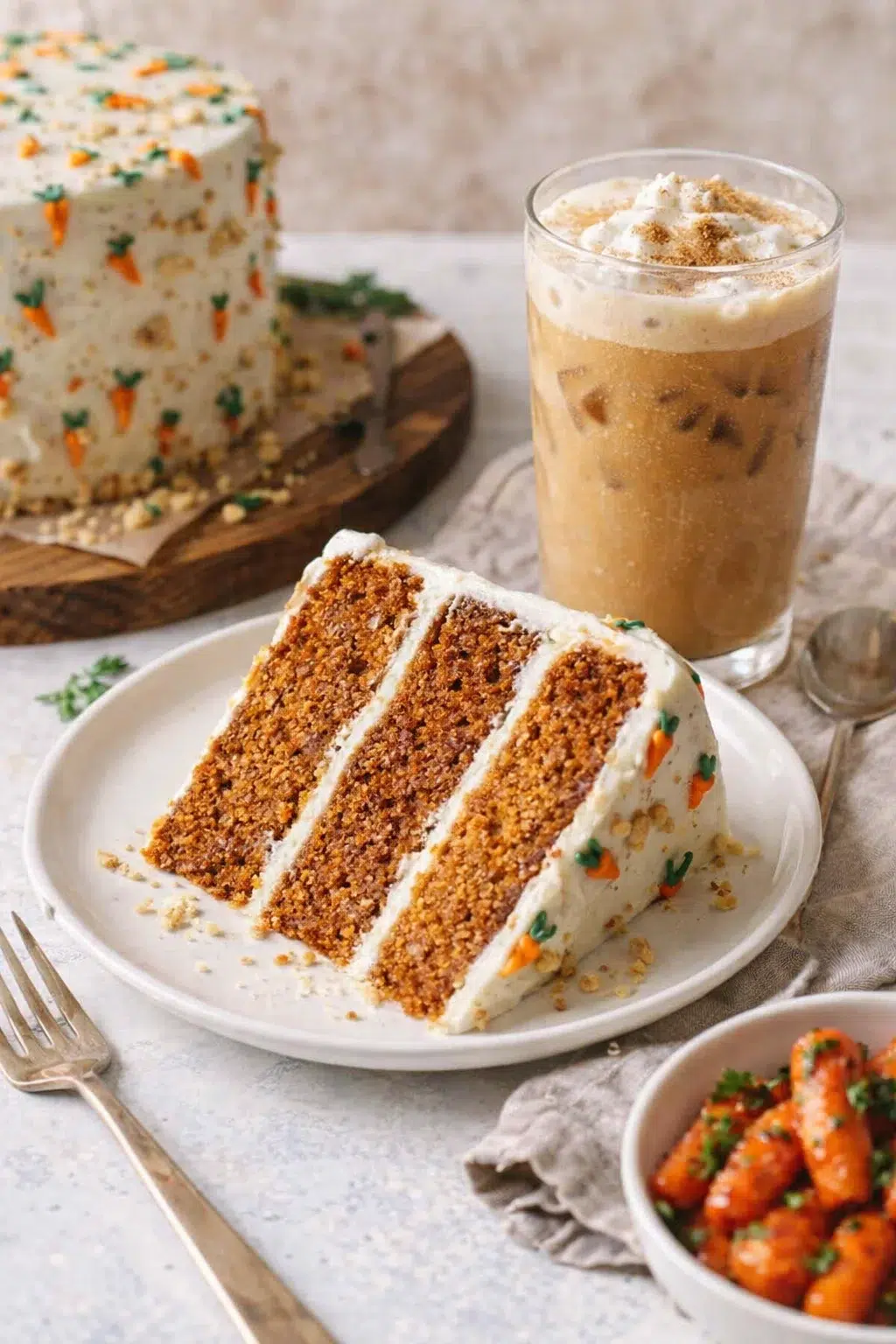 closing_final_dish-placeholder.png Alternative angle of Carrot Cake With Cream Cheese Frosting served with a pairing