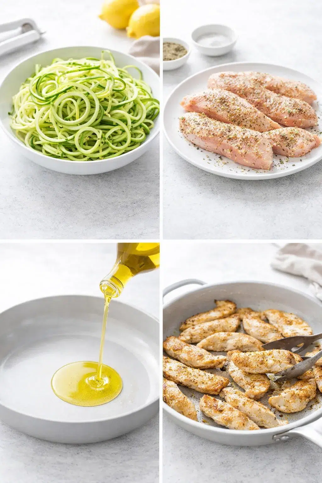 step-process-placeholder-1-4.png Zucchini noodles piled beside a skillet where seasoned chicken strips brown in hot olive oil.