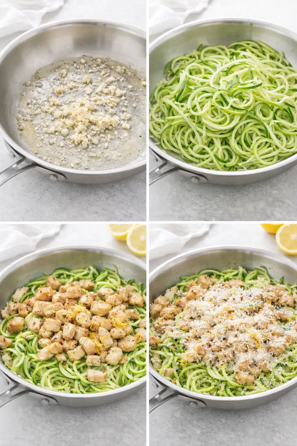 step-process-placeholder-5-8.png Skillet with garlic-scented zucchini noodles and chicken tossed with lemon juice and melting Parmesan.