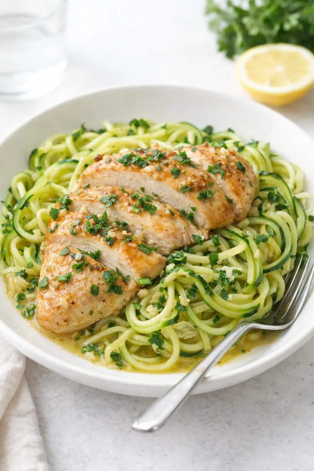 step-process-placeholder-9-9.png Plated lemon garlic chicken zoodles garnished with chopped parsley, steaming and ready to serve.