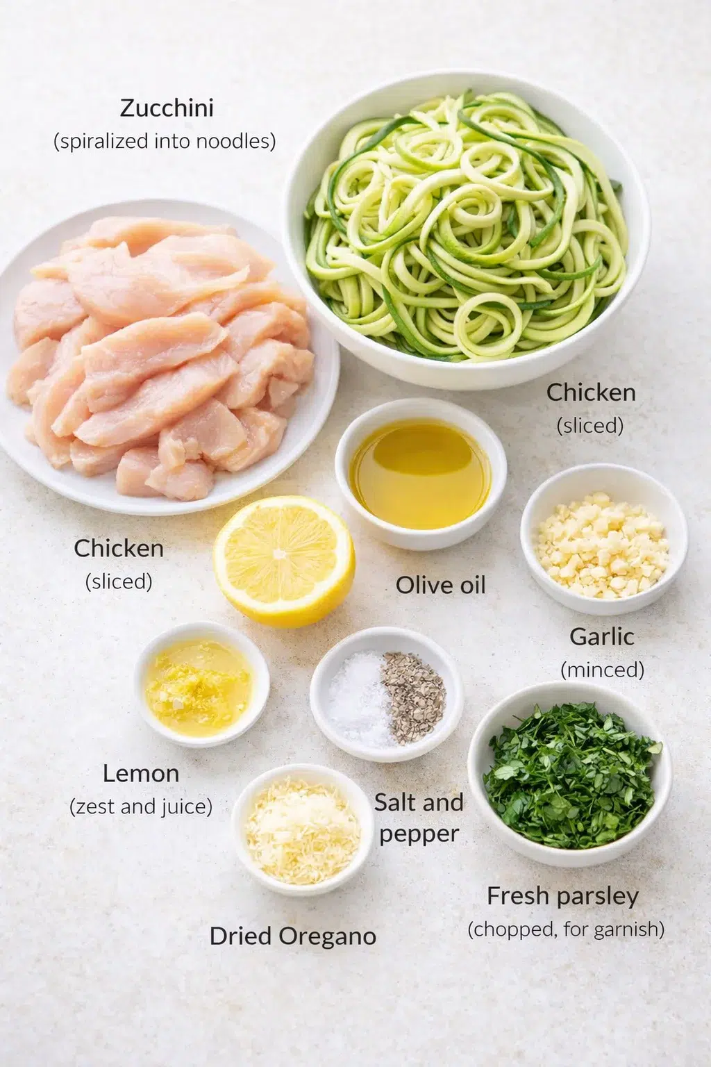 ingredients-placeholder.png Measured ingredients arranged for Lemon Garlic Chicken Zoodles: An Incredible Ultimate Recipe: 2 medium zucchinis (spiralized into noodles), 1 pound boneless, skinless chicken breasts (sliced), 2 tablespoons olive oil, 4