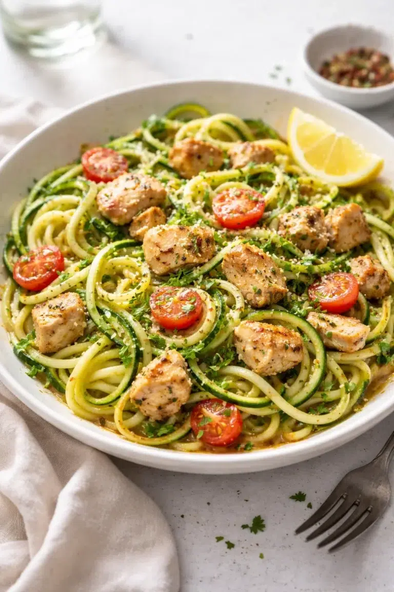 Final plated Lemon Garlic Chicken Zoodles: An Incredible Ultimate Recipe served as a hero shot