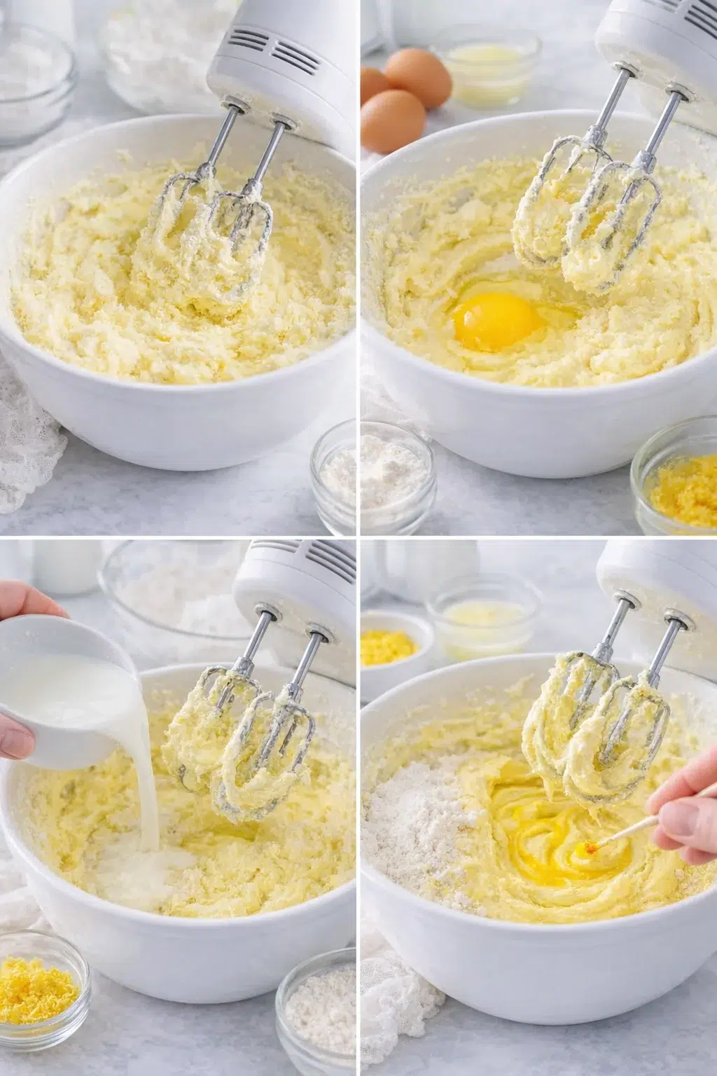 step-process-placeholder-5-8.png Electric mixer whipping butter and sugar until pale and fluffy, with eggs and bowls nearby.