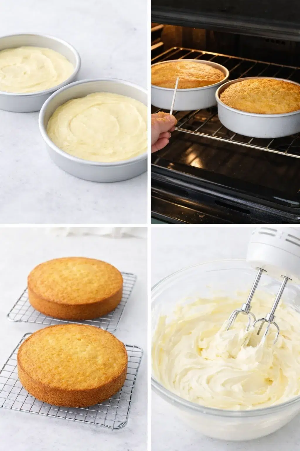 step-process-placeholder-9-12.png Two 8-inch pans filled with smooth yellow batter sitting on countertop, spatula nearby.
