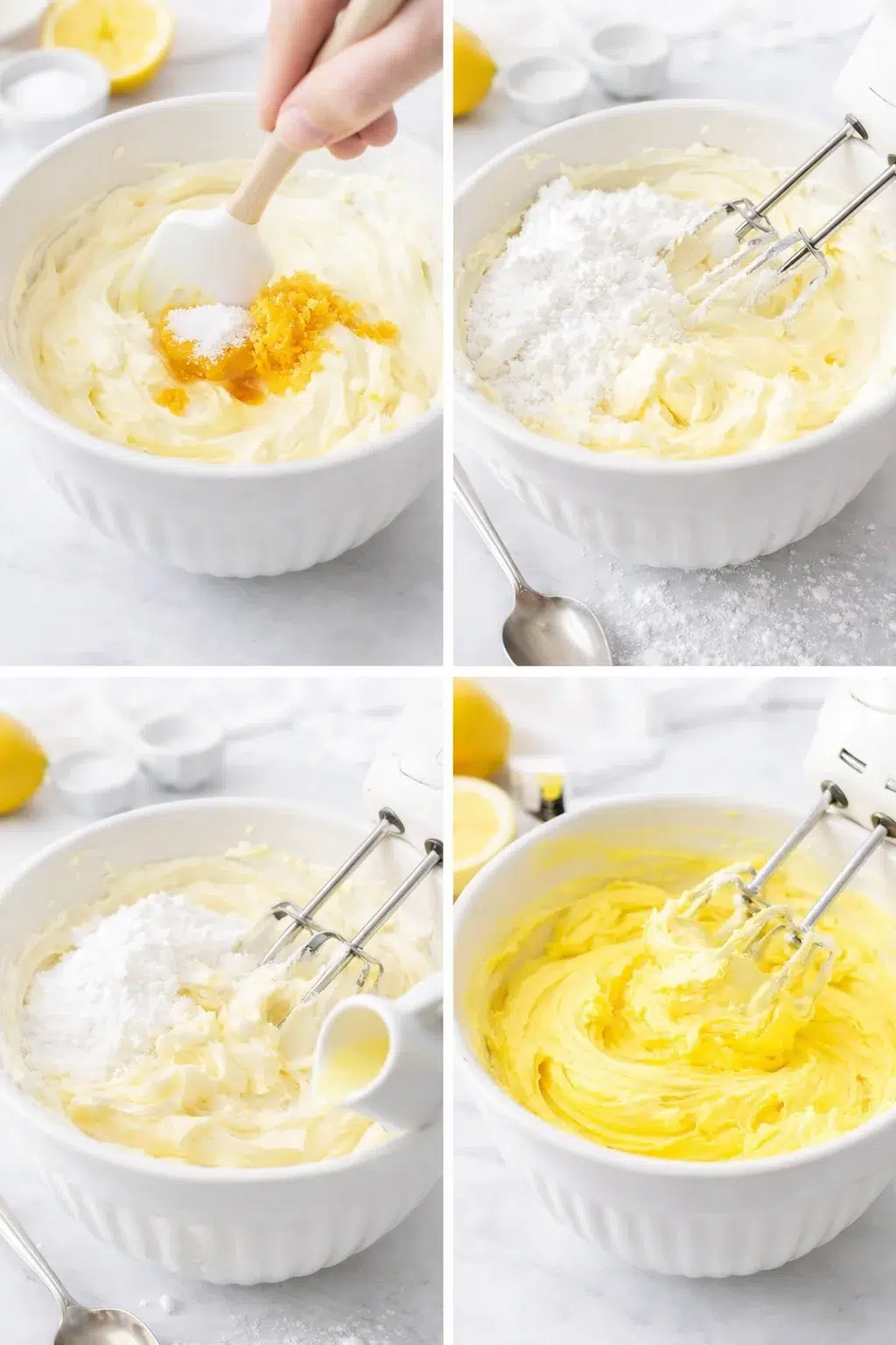 step-process-placeholder-13-16.png Mixer bowl of pale yellow cream cheese frosting with lemon zest and powdered sugar being added.
