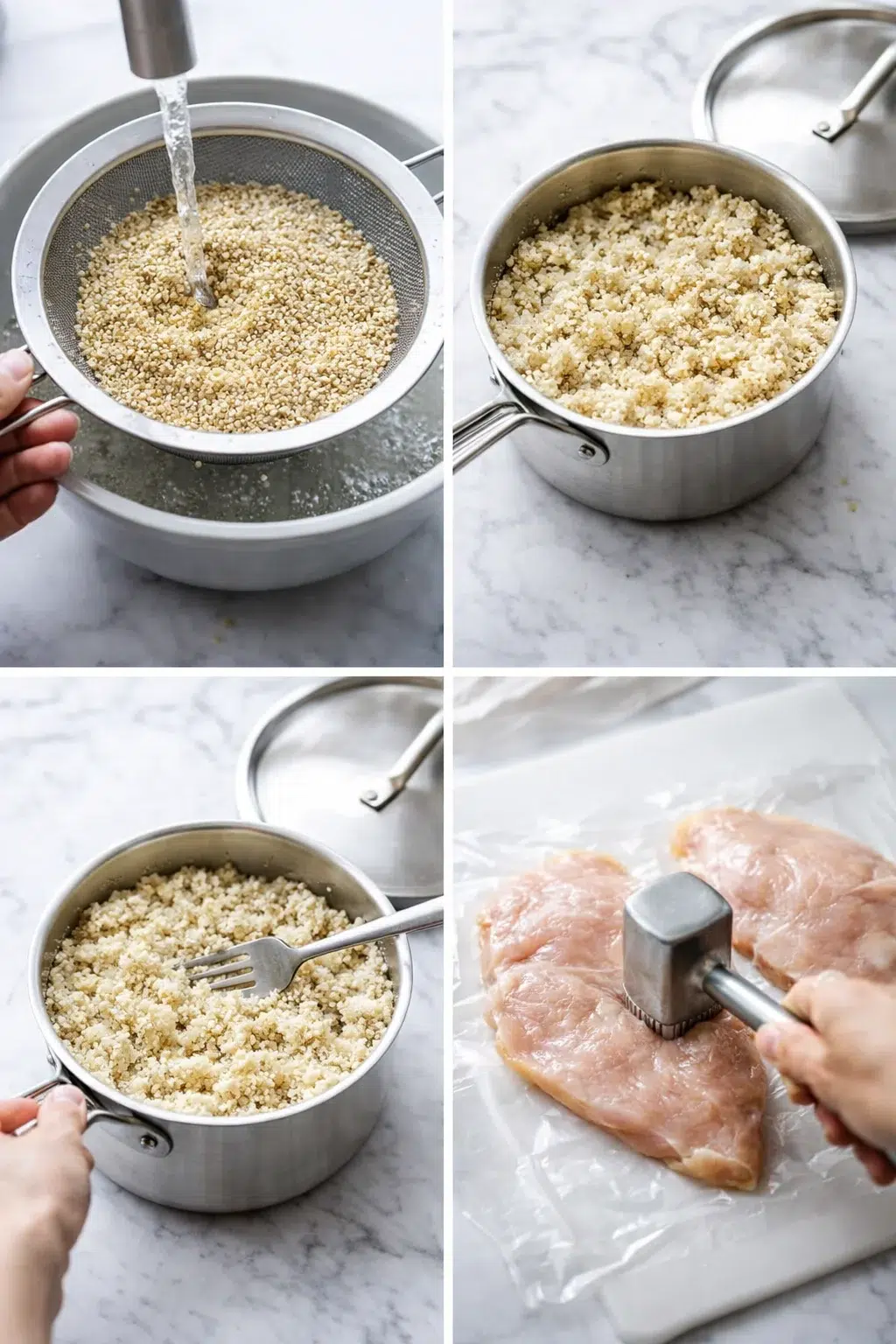 Colander with rinsed quinoa beside pot of fluffy cooked quinoa and chicken breast being pounded