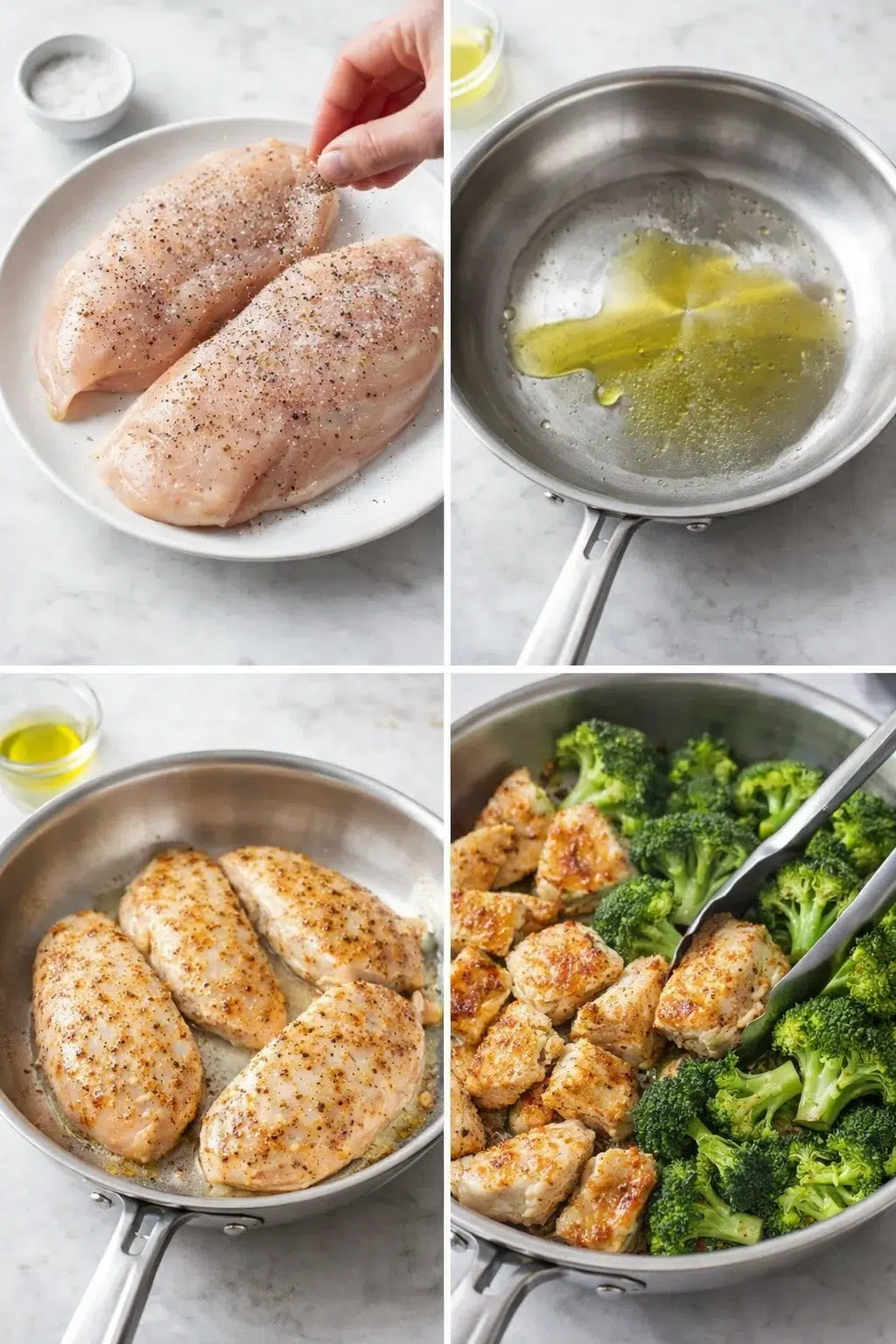 Seasoned chicken sizzling in olive-oil skillet with golden sear and bright green broccoli florets added
