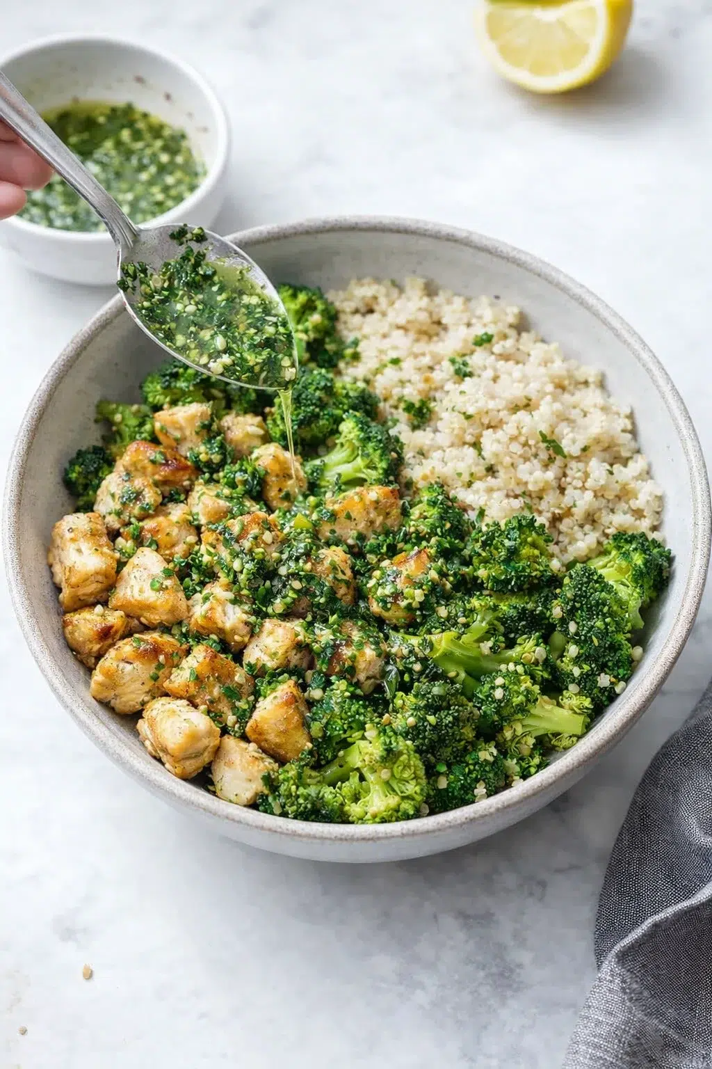Cooked chicken resting while herb dressing is whisked, then dressing drizzled over quinoa and broccoli