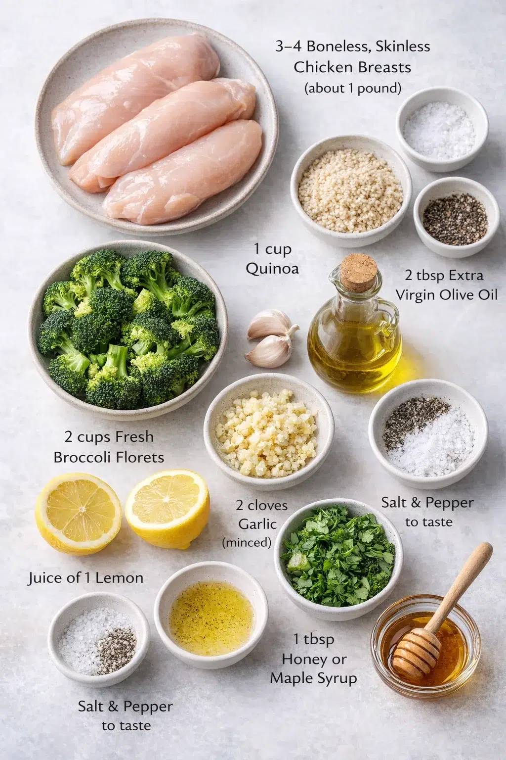 ingredients-placeholder.png Measured ingredients arranged for Delicious Broccoli Chicken Quinoa Bowl with Herb Dressing: 3–4 boneless, skinless chicken breasts (about 1 pound), 2 cups fresh broccoli florets, 1 cup quinoa, 2 tbsp extra virgin olive