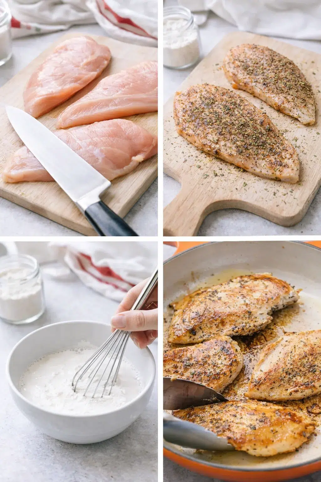 step-process-placeholder-1-4.png Thin chicken breasts seasoned with salt, pepper, Italian seasoning beside whisked almond milk and flour bowl