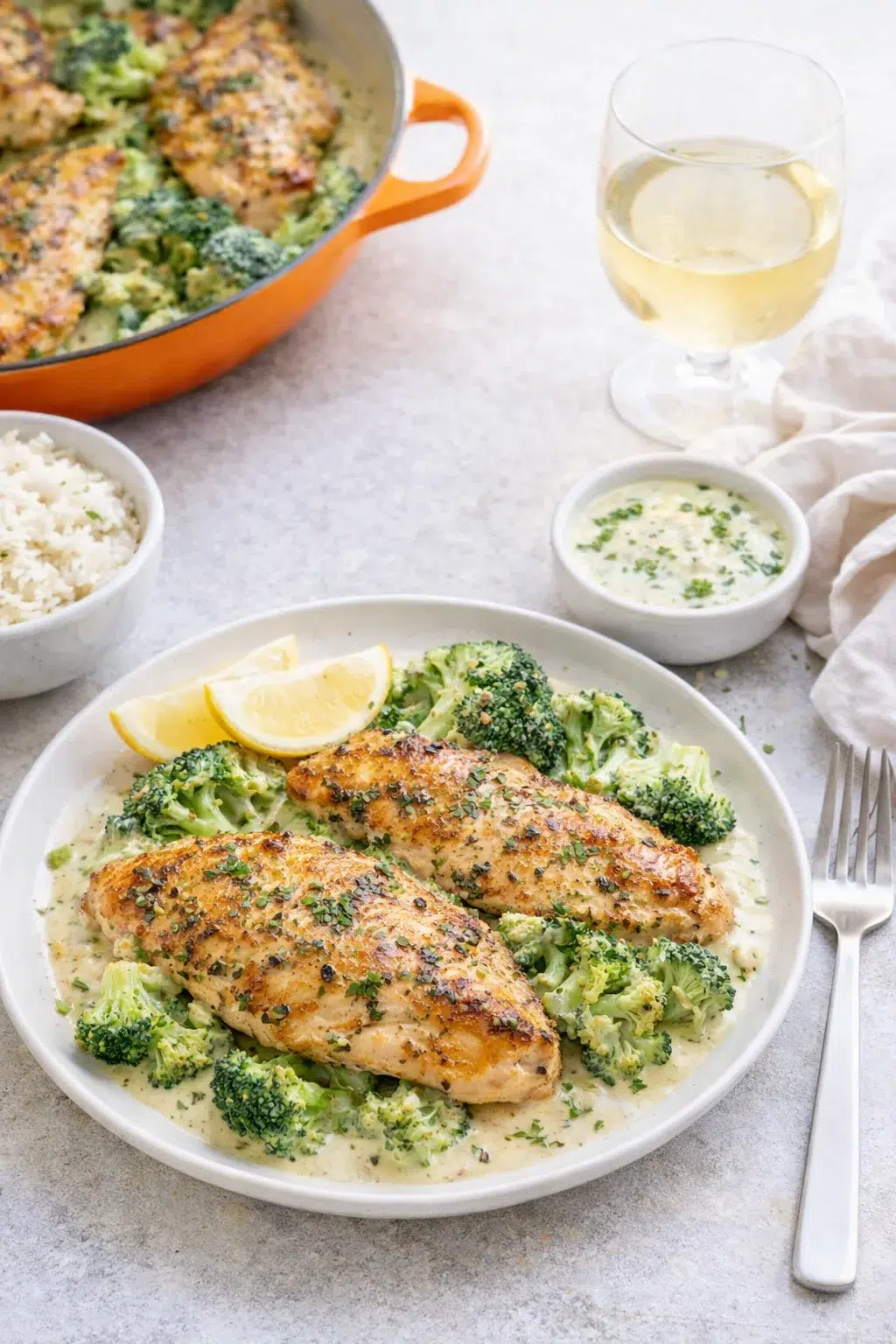 closing_final_dish-placeholder.png Alternative angle of Creamy Chicken and Broccoli Skillet served with a pairing