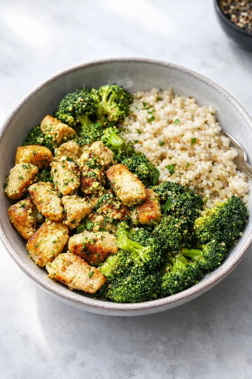 intro_final_dish-placeholder.png Final plated Delicious Broccoli Chicken Quinoa Bowl with Herb Dressing served as a hero shot
