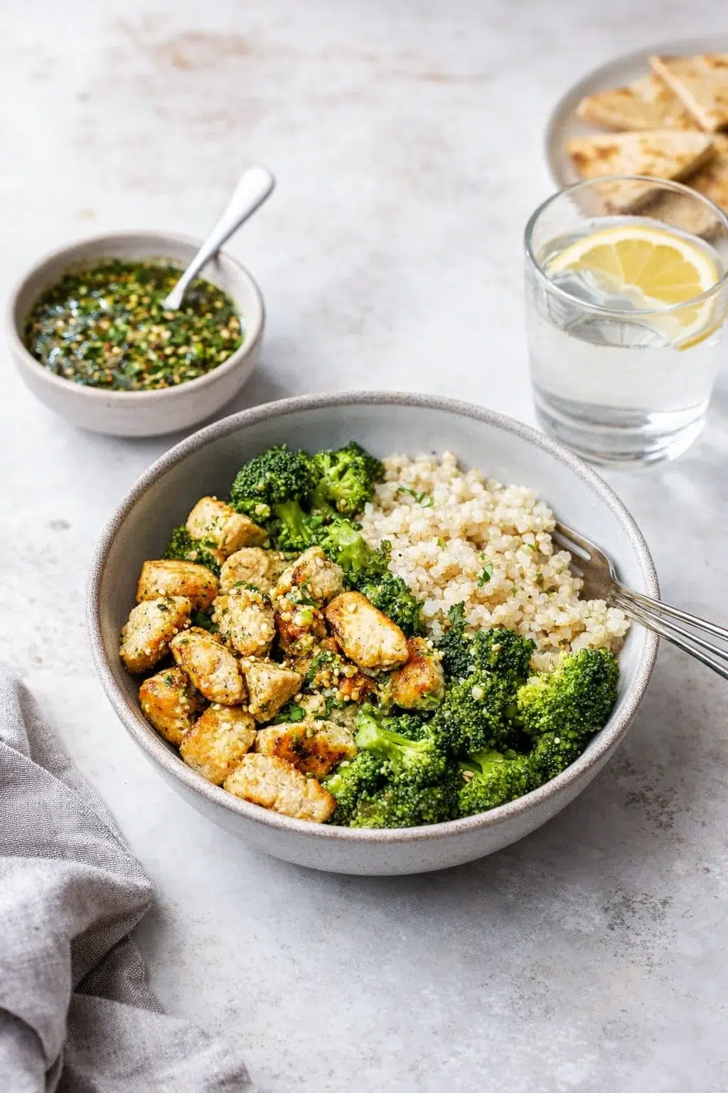 closing_final_dish-placeholder.png Alternative angle of Delicious Broccoli Chicken Quinoa Bowl with Herb Dressing served with a pairing
