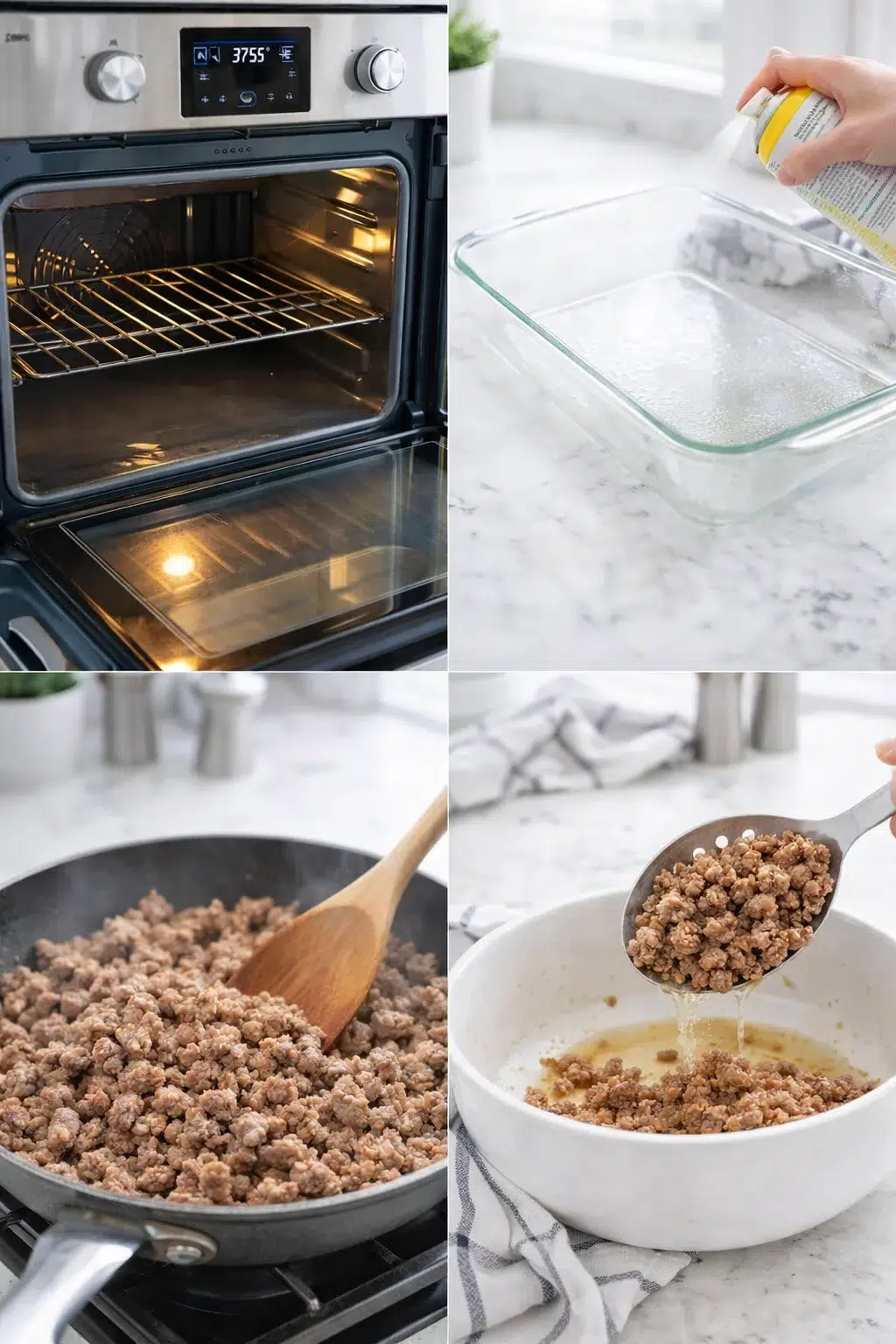 step-process-placeholder-1-4.png Browned breakfast sausage being drained from skillet into colander beside a sprayed 13×9 baking dish.
