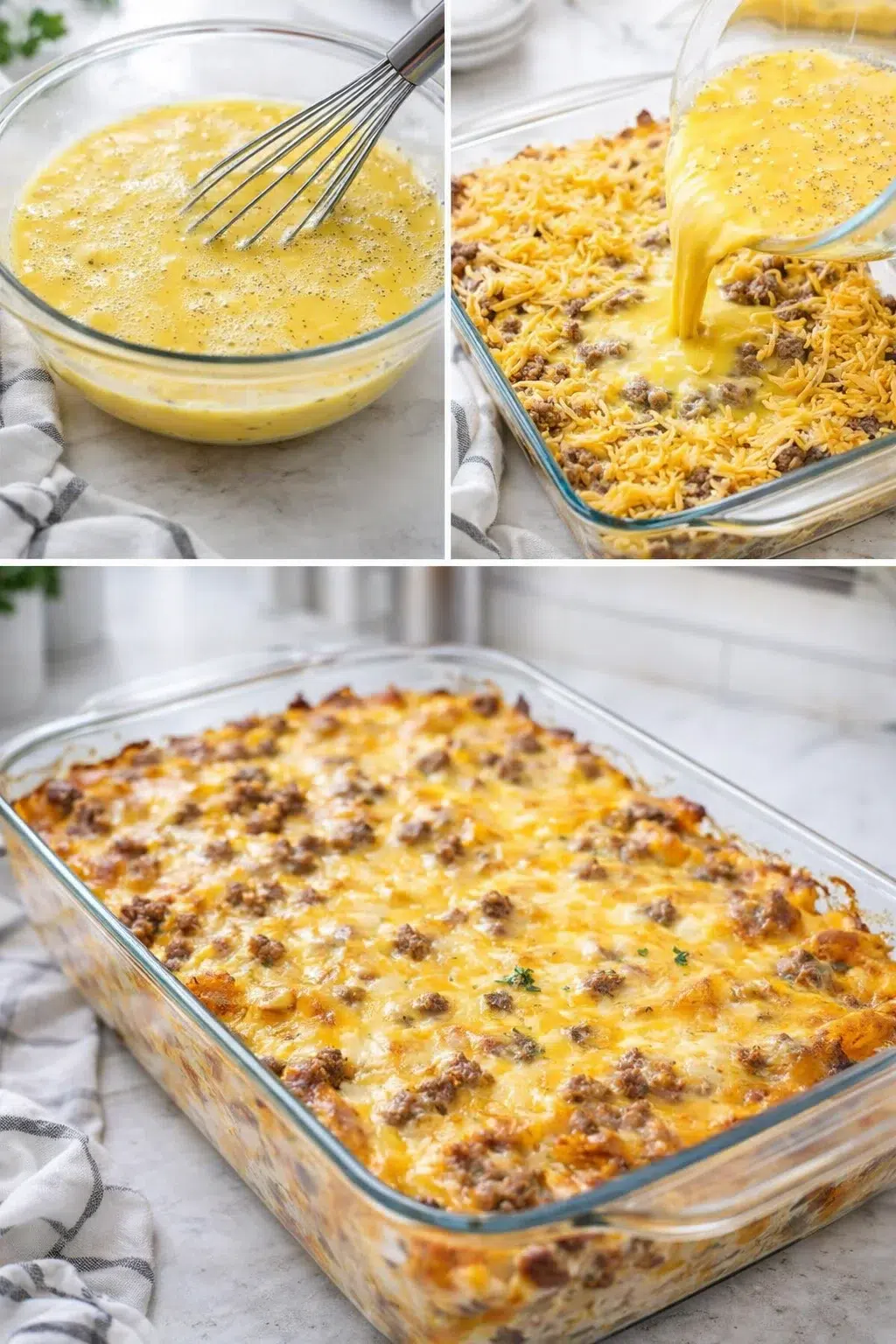 step-process-placeholder-9-12.png Pouring smooth egg and milk mixture from bowl over sausage layer topped with cheese.