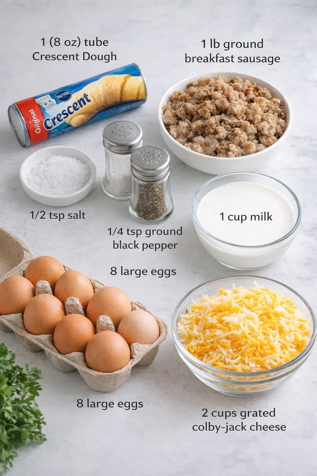 ingredients-placeholder.png Measured ingredients arranged for Quick & Easy Crescent Roll Breakfast Casserole: 1 (8 oz) tube crescent dough, 1 lb ground breakfast sausage, 1/2 tsp salt, 1 cup milk, 1/4 tsp ground black pepper, 8 large eggs