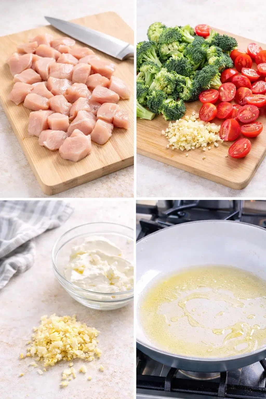 step-process-placeholder-1-4.png Raw chicken cut into bite-sized pieces beside broccoli florets, halved tomatoes, minced garlic, softened cream cheese.