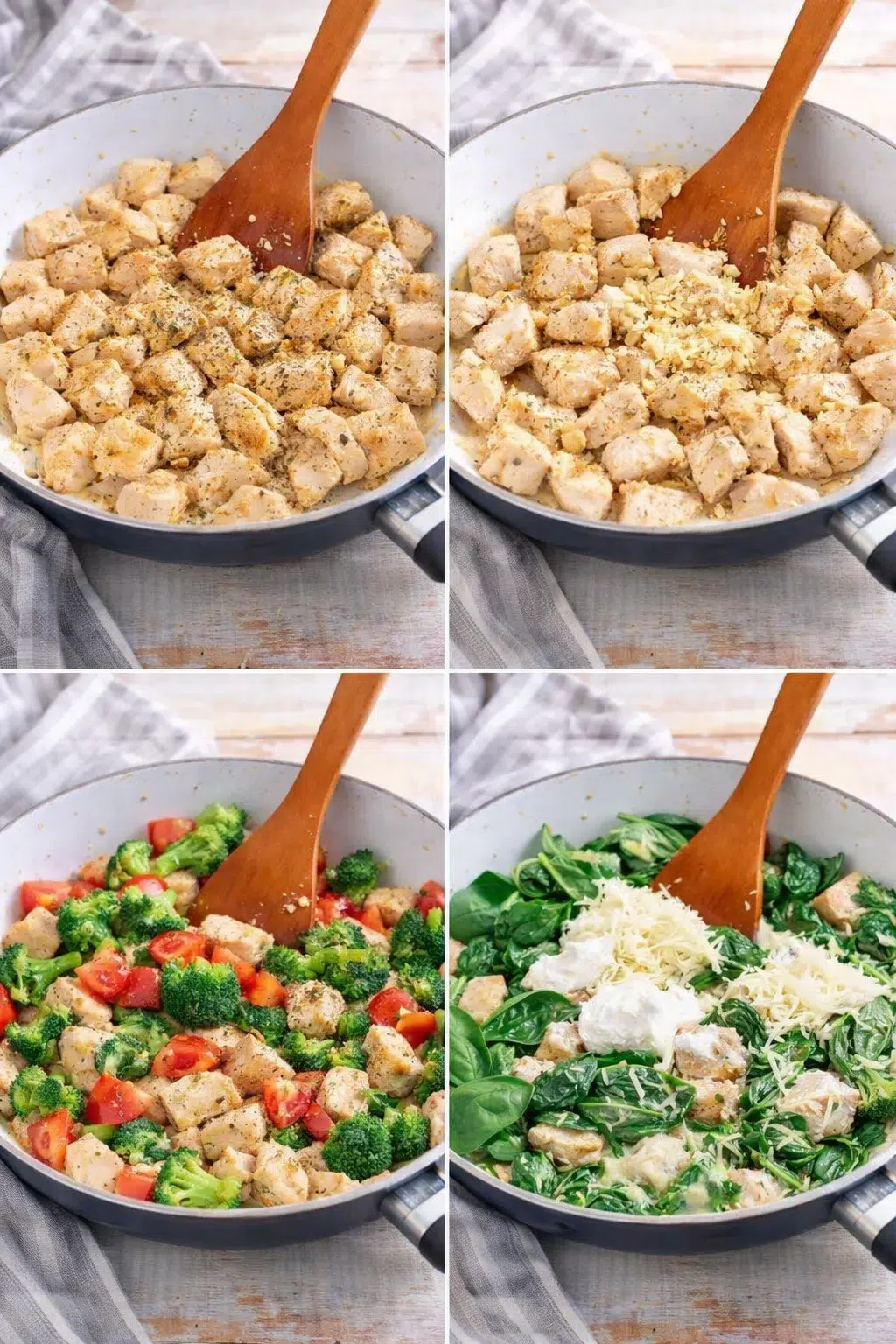 step-process-placeholder-5-8.png Golden chicken pieces sizzling in a skillet with seasoning, garlic, tomatoes, broccoli, mozzarella, cream cheese, and spinach.