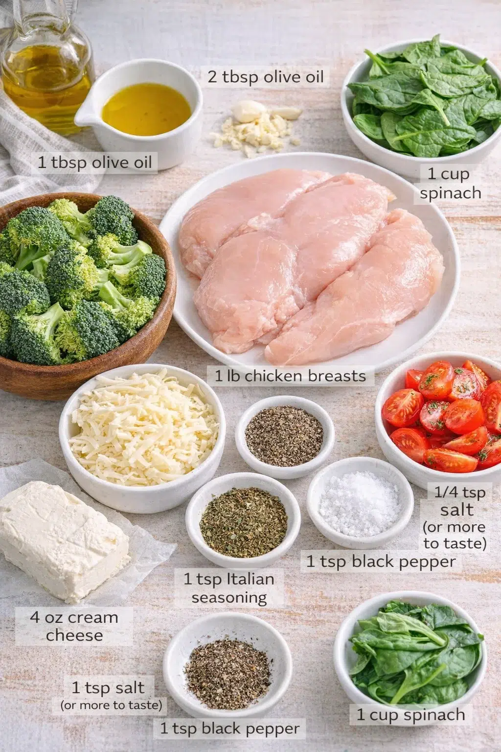 ingredients-placeholder.png Measured ingredients arranged for Garlic Chicken with Broccoli and Spinach (20 Minute Recipe): 1 lb chicken breasts, 2 tbsp olive oil, 4 cloves minced garlic, 2 cups broccoli florets, 1/2 cup cherry tomatoes (chopped in
