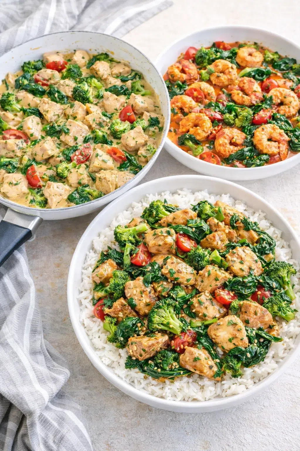 variations-placeholder.png Variation ideas for Garlic Chicken with Broccoli and Spinach (20 Minute Recipe) shown in a styled layout