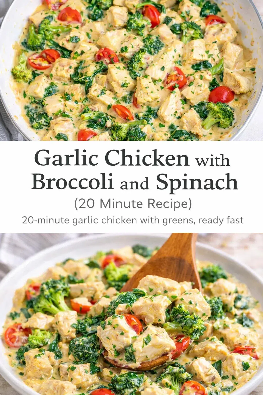 pre_faq_pinterest-placeholder.png Pinterest-style image for Garlic Chicken with Broccoli and Spinach (20 Minute Recipe) with centered text overlay