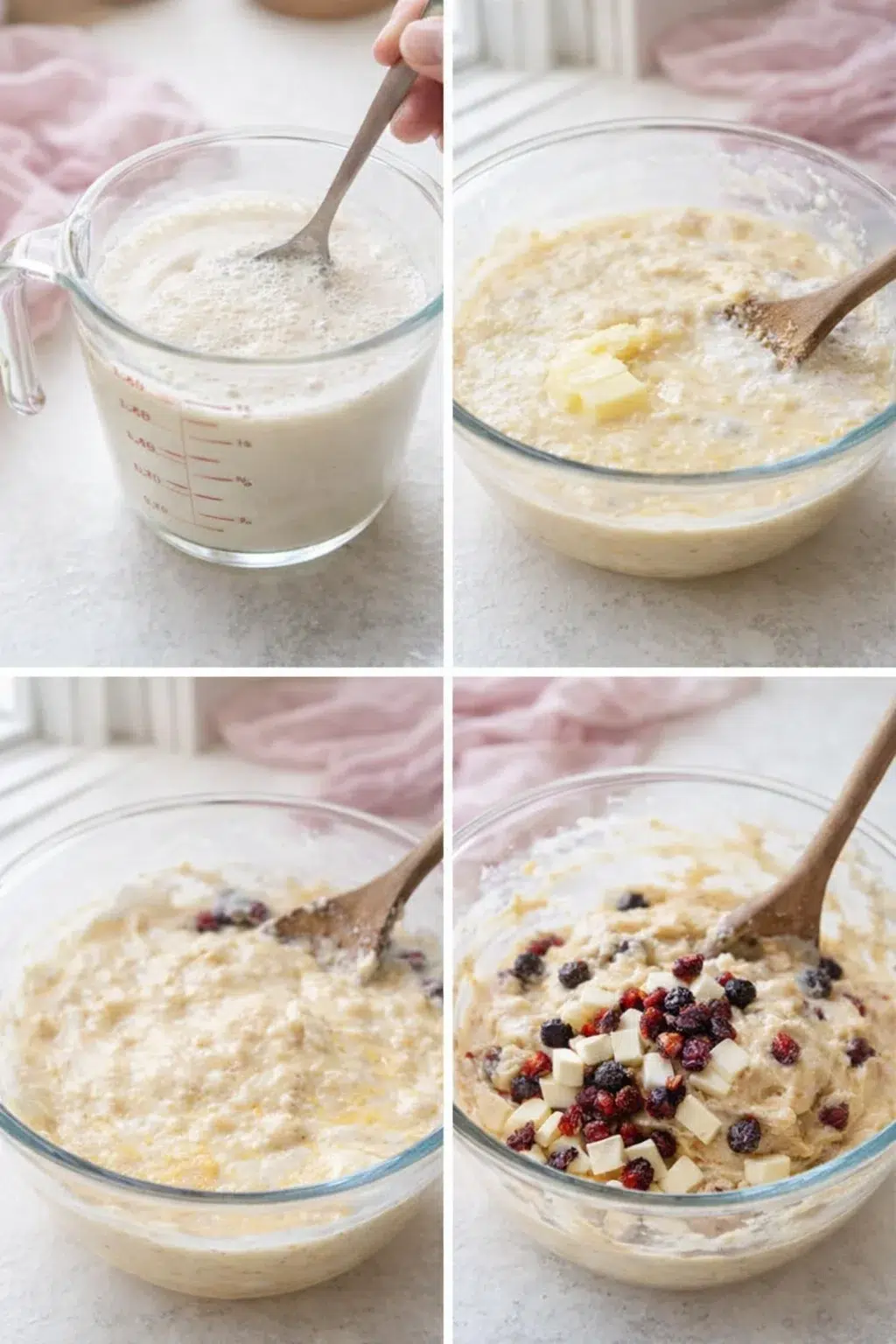 step-process-placeholder-1-4.png Mixing bowl with runny dough being stirred, bubbly yeast foam and dried berries folded in.