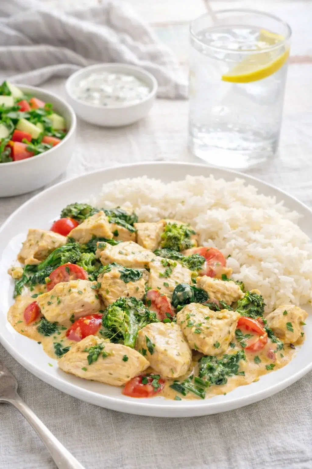 closing_final_dish-placeholder.png Alternative angle of Garlic Chicken with Broccoli and Spinach (20 Minute Recipe) served with a pairing