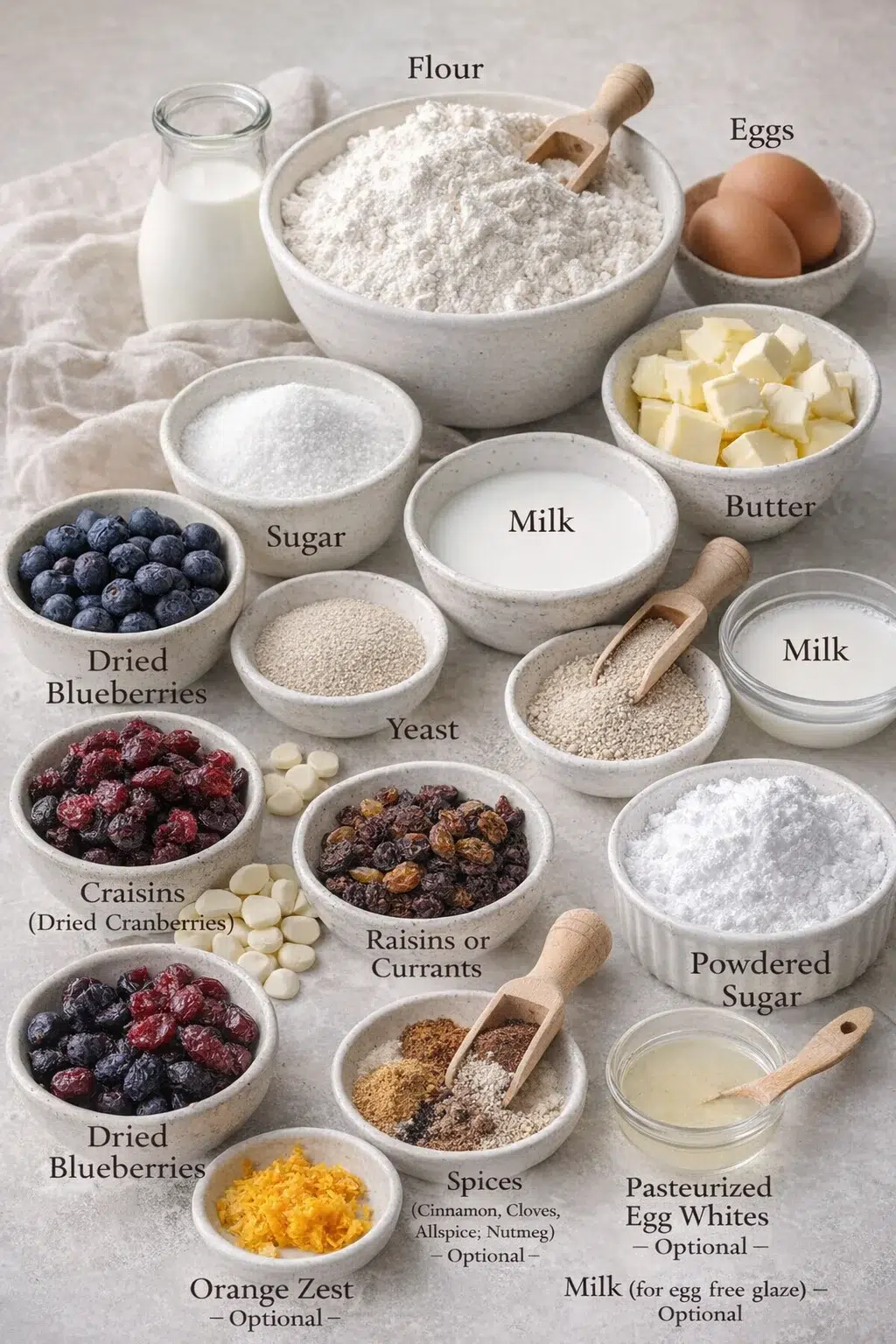 ingredients-placeholder.png Measured ingredients arranged for Hot Cross Buns Recipe: flour, eggs, sugar, butter, yeast, milk