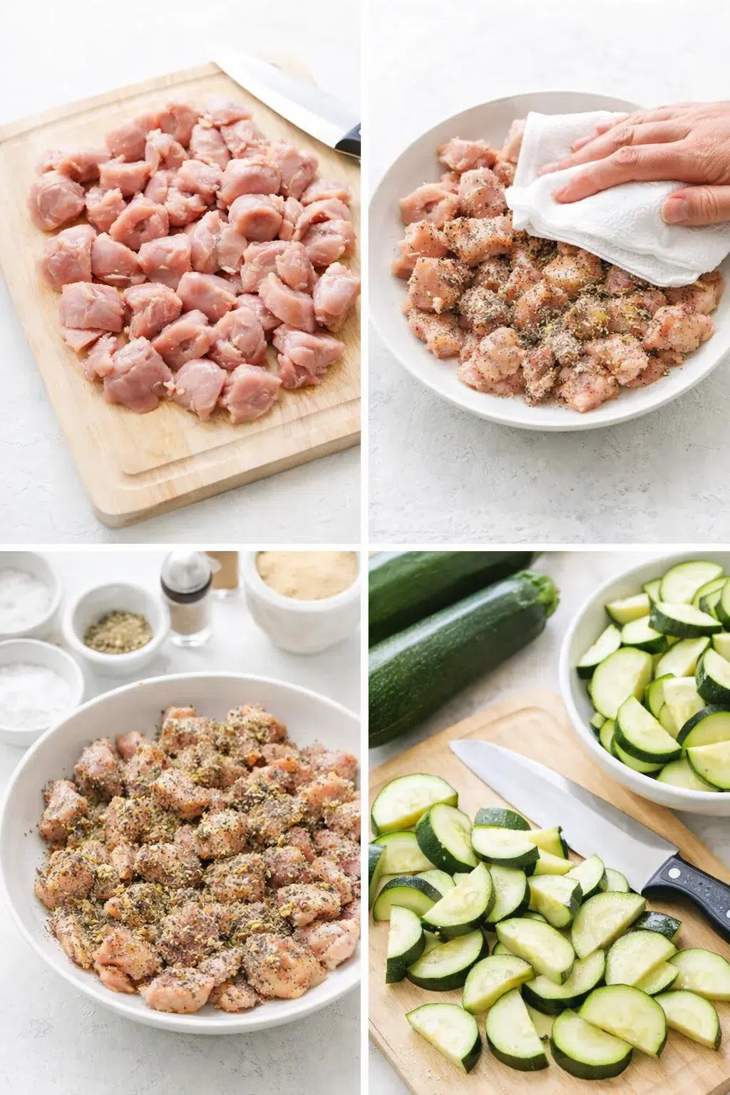 step-process-placeholder-1-4.png Raw chicken thigh pieces on cutting board beside halved, sliced zucchini and scattered seasonings.