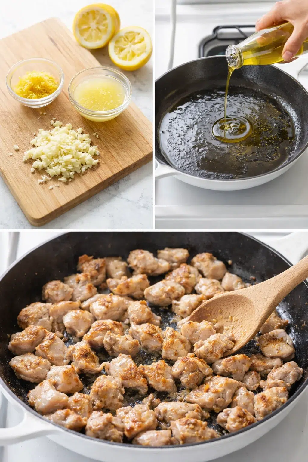 step-process-placeholder-5-8.png Minced garlic and lemon zest in bowl, oil shimmering in skillet, chicken browning.