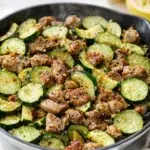 Final plated Lemon Garlic Chicken Zucchini Skillet served as a hero shot