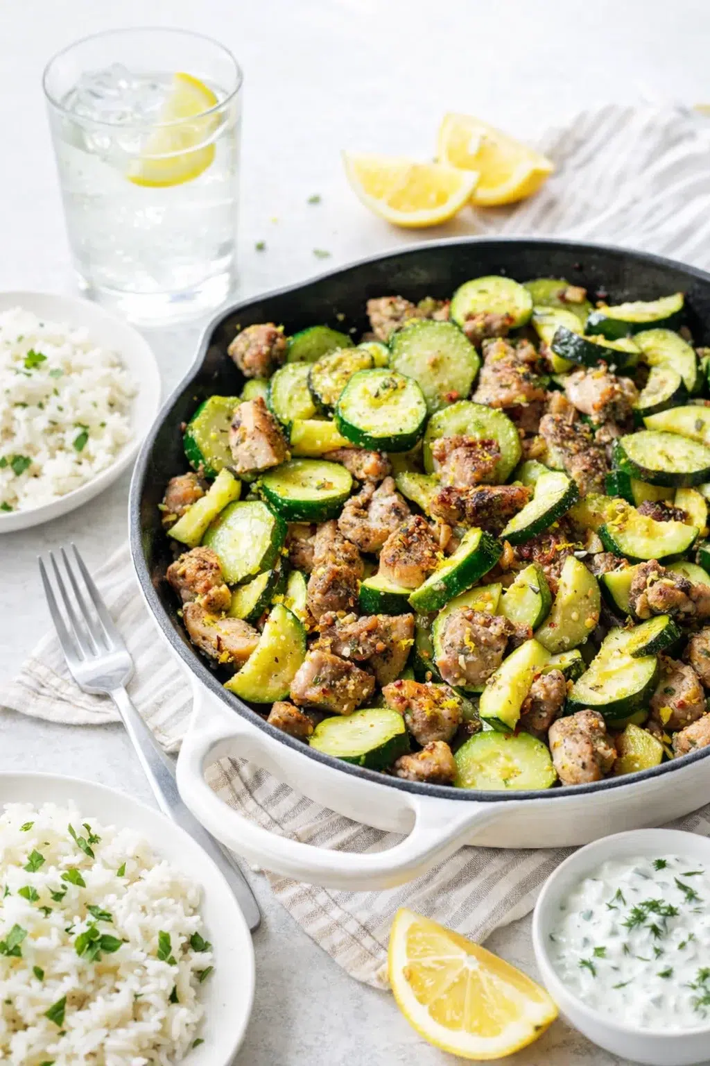 closing_final_dish-placeholder.png Alternative angle of Lemon Garlic Chicken Zucchini Skillet served with a pairing