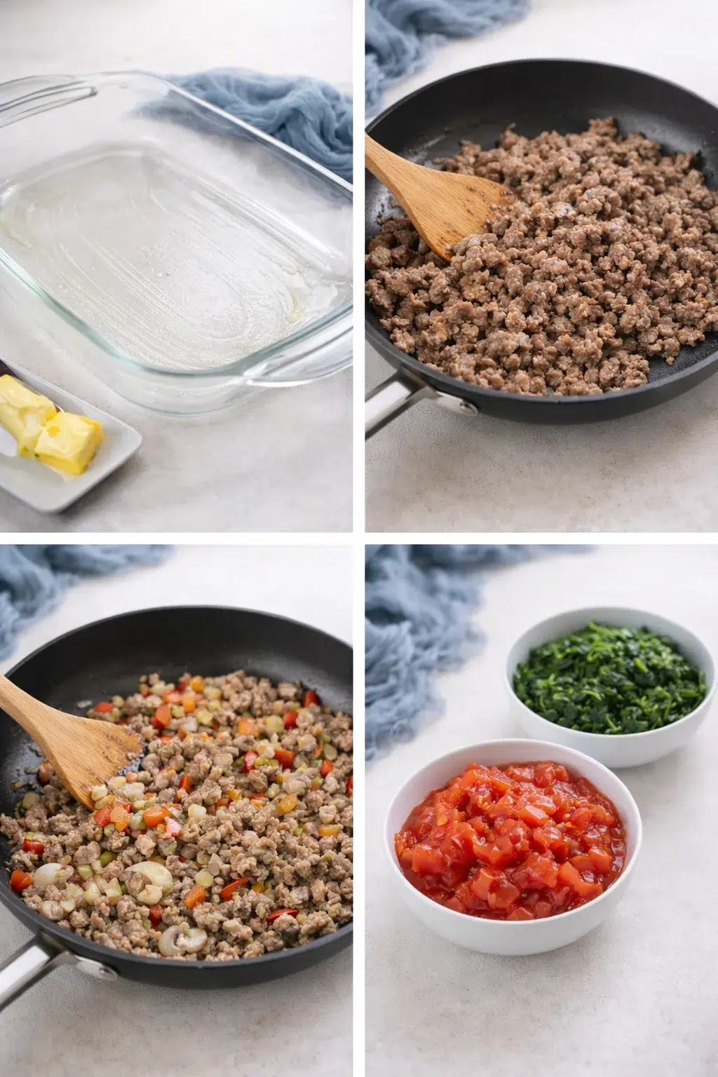 Greased rectangular baking dish beside bowls of browned sausage, sautéed softened vegetables, and drained spinach